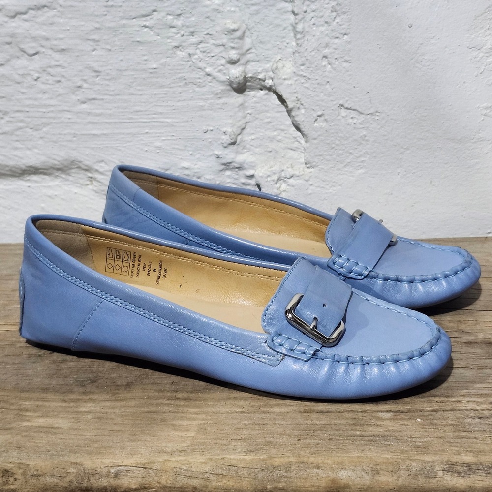 Lands End Womens Periwinkle Blue Leather Buckle Driving Loafers 8B 385762 Fall